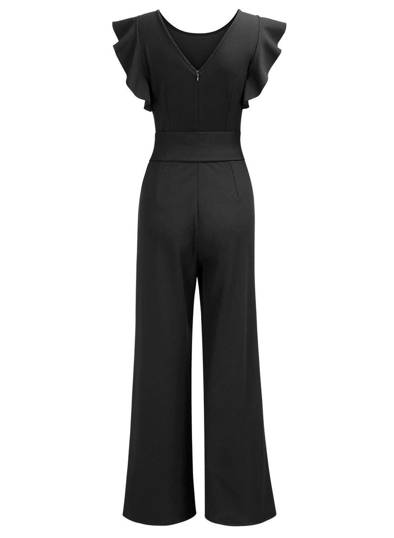 Knitee Women's Vintage Sleeveless Ruffle High Waist Wide Leg Romper Formal Long Jumpsuit with Belt (Black, Small) - Image 3